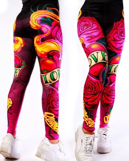 New School Sacred Love Heart and Roses leggings