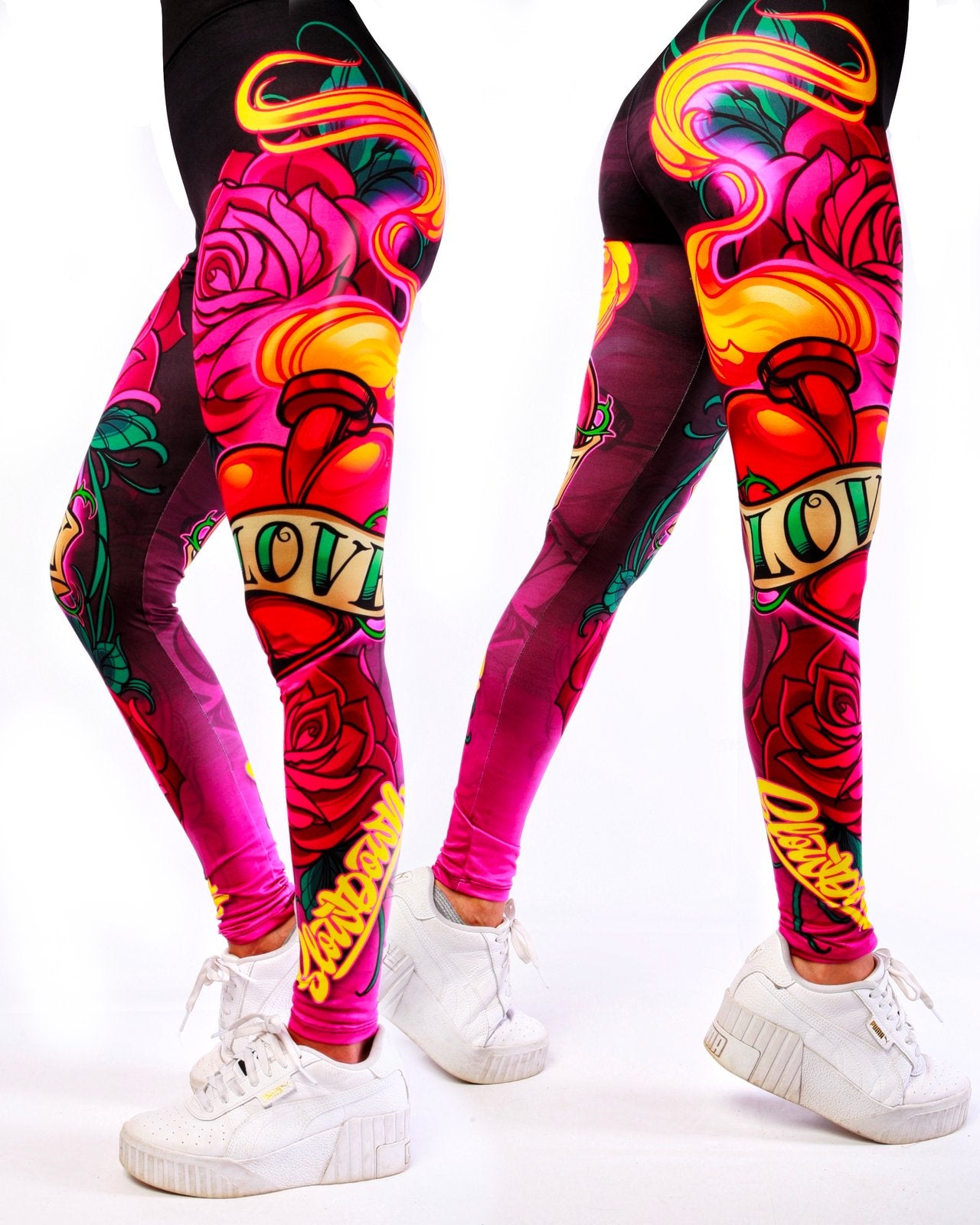 New School Sacred Love Heart and Roses leggings